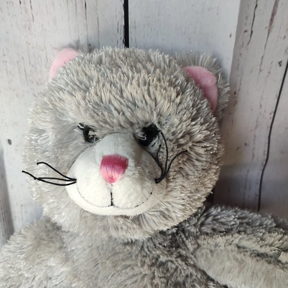 Build A Bear Grey Kitty Cat Stuffed Animal Plush 17" BABW Pink Nose Ear - Picture 3 of 10